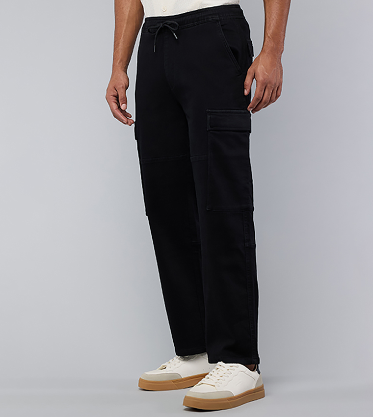 Solid Cargo Jeans with Drawstring Waist
