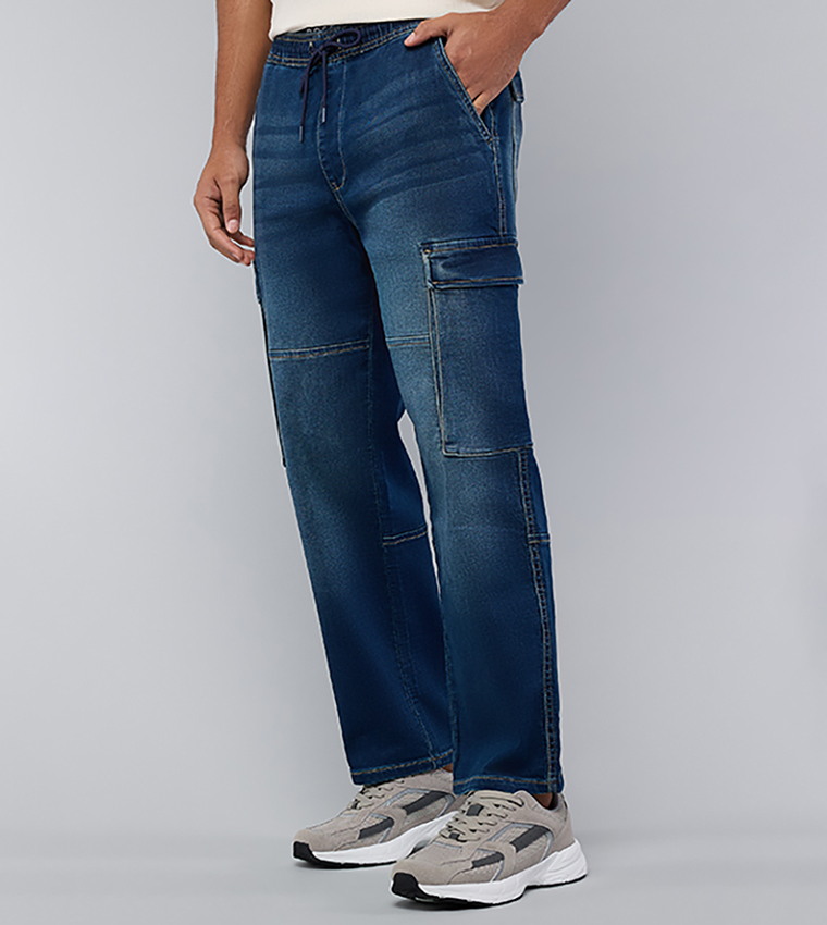 Washed Cargo Jeans with Drawstring Waist