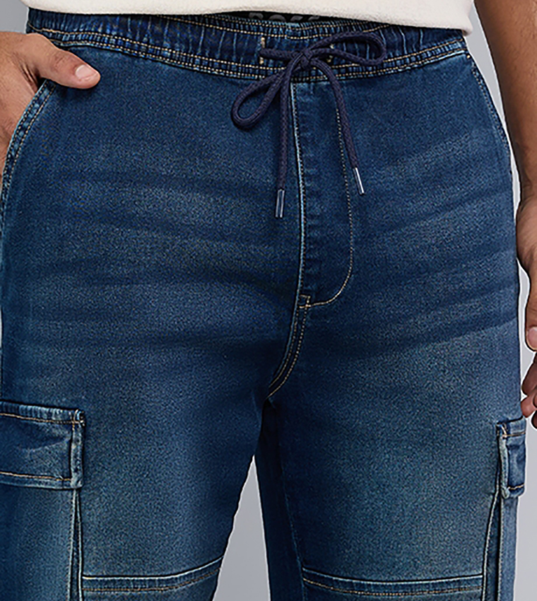 Washed Cargo Jeans with Drawstring Waist