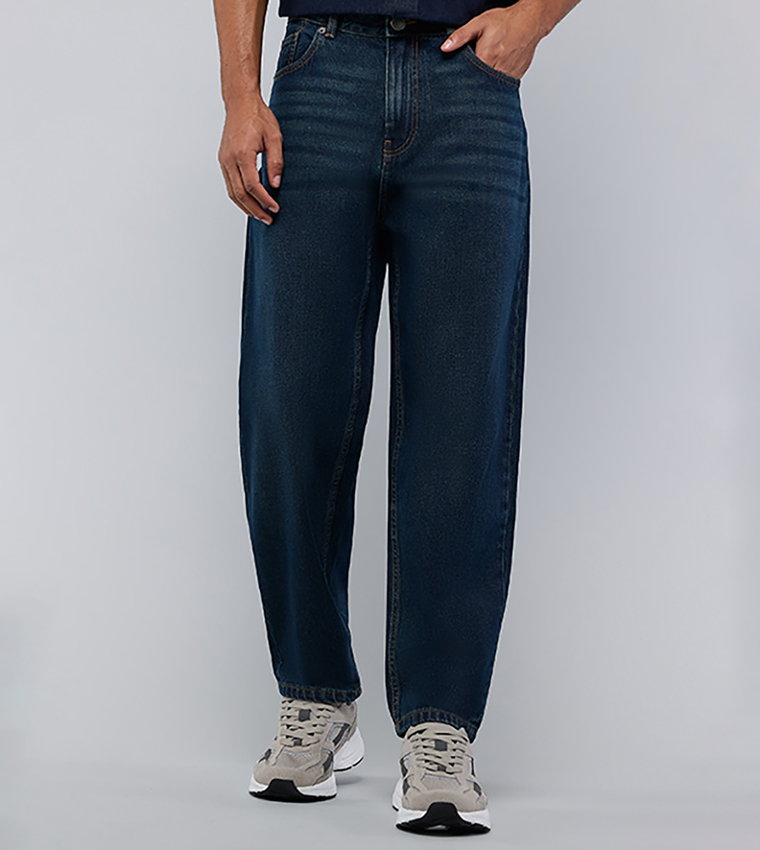 Washed Barrel Fit Jeans with Button Closure