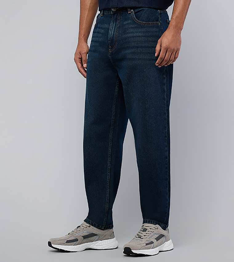 Washed Barrel Fit Jeans with Button Closure