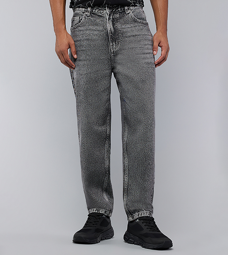 Washed Straight Fit Jeans with Button Closure