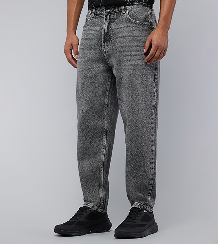 Washed Straight Fit Jeans with Button Closure