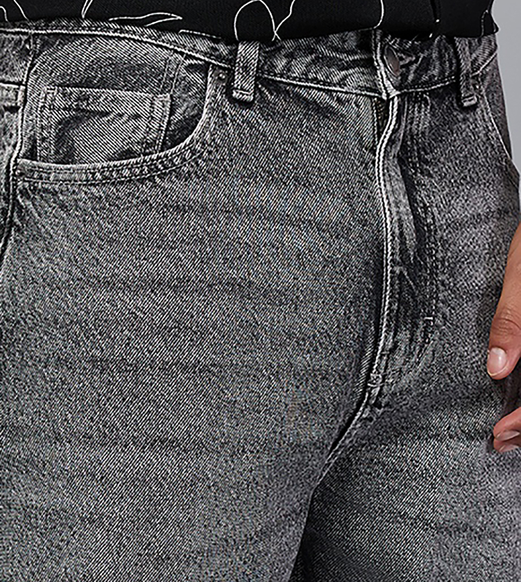 Washed Straight Fit Jeans with Button Closure