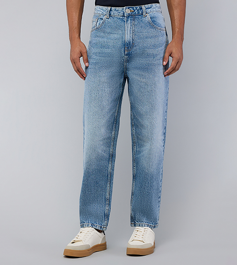 Washed Straight Fit Jeans with Button Closure
