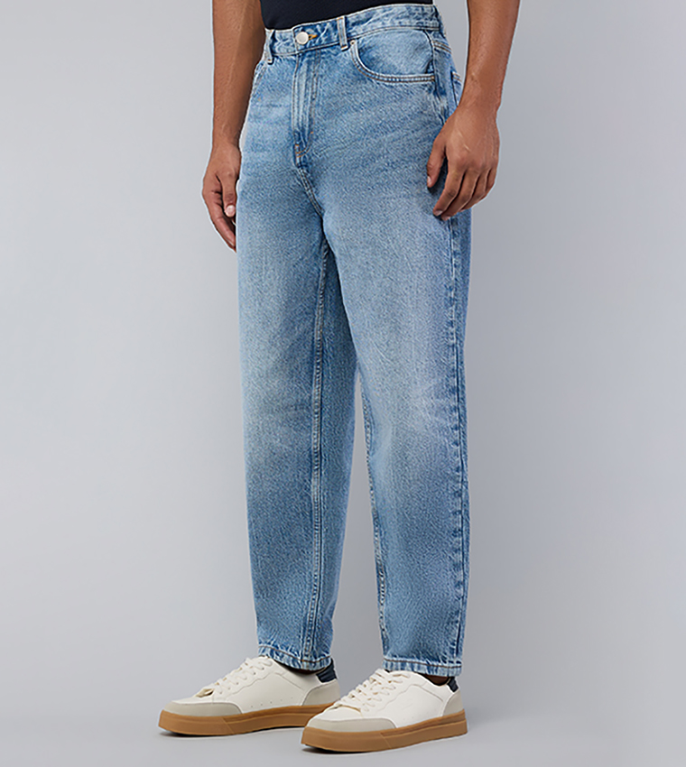 Washed Straight Fit Jeans with Button Closure