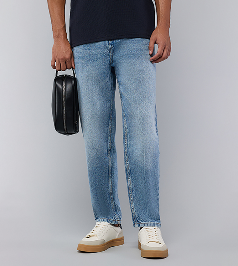 Washed Straight Fit Jeans with Button Closure