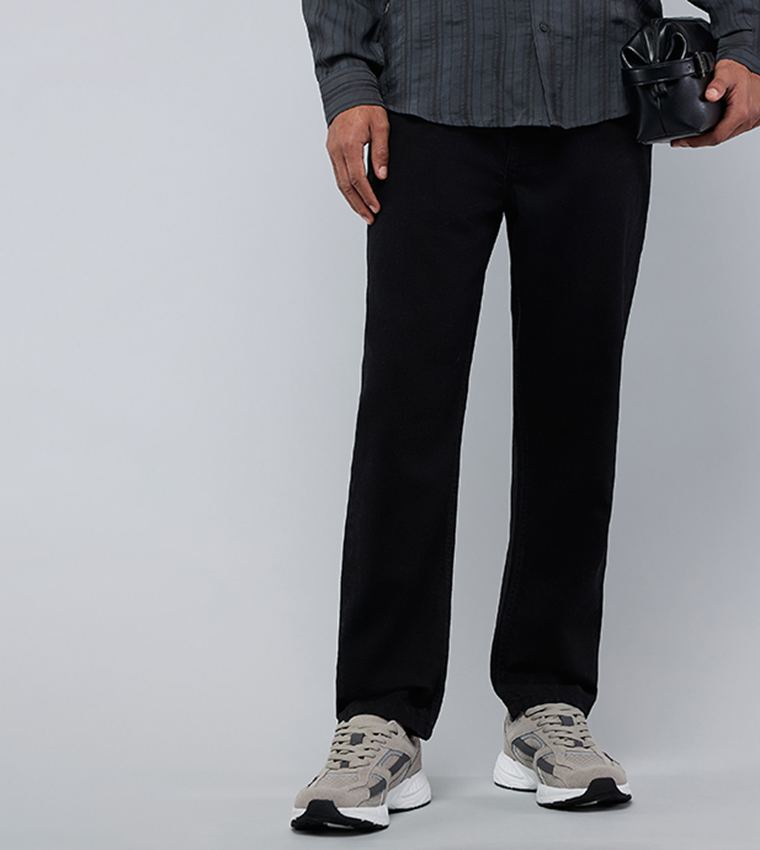 Solid Straight Fit Jeans with Button Closure