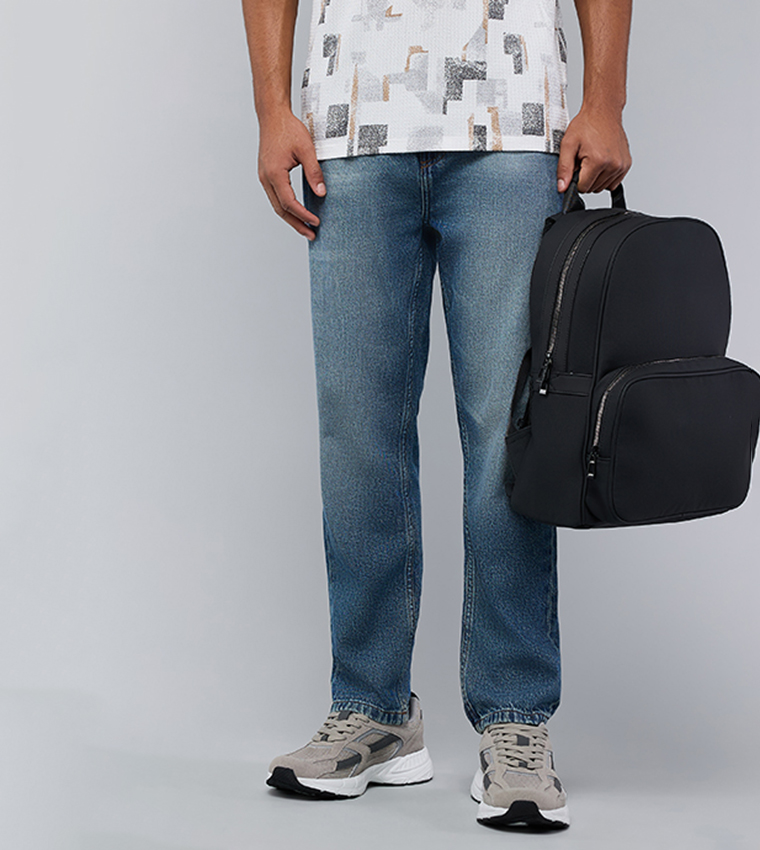 Washed Straight Fit Jeans with Button Closure