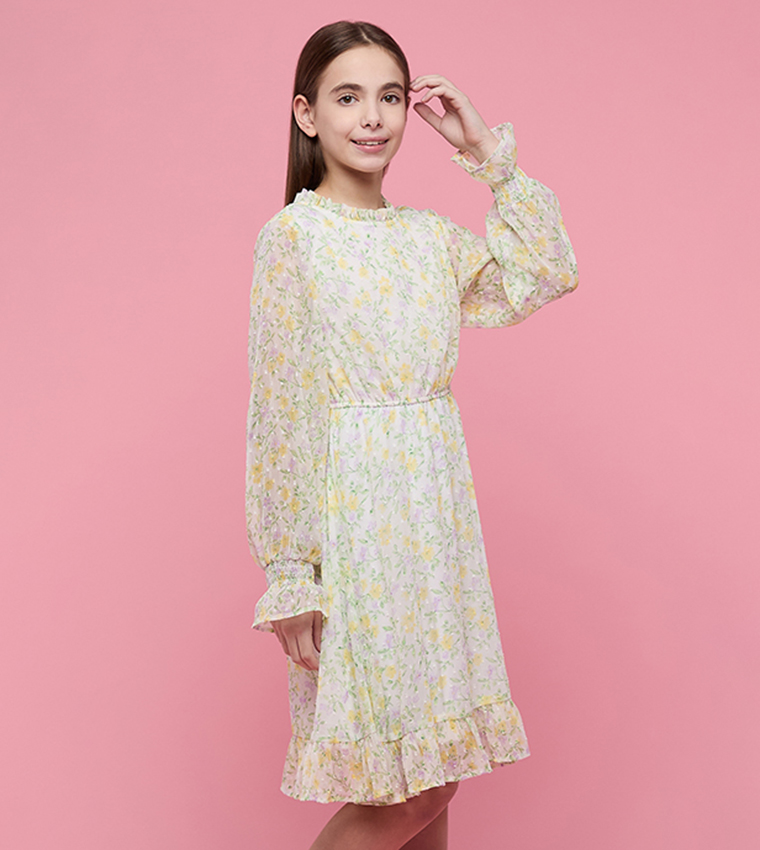 فستان واسع كم باف بقبة مستديرة بطبعة الورود 