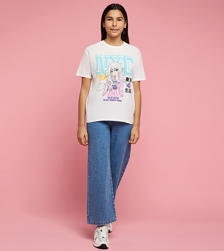 Graphic Print T-Shirt with Crew Neck and Short Sleeves