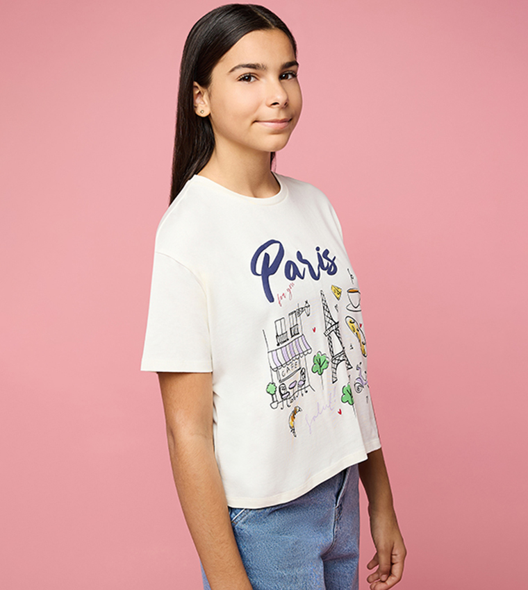 تيشيرت كم قصير بقبة مستديرة بطبعة