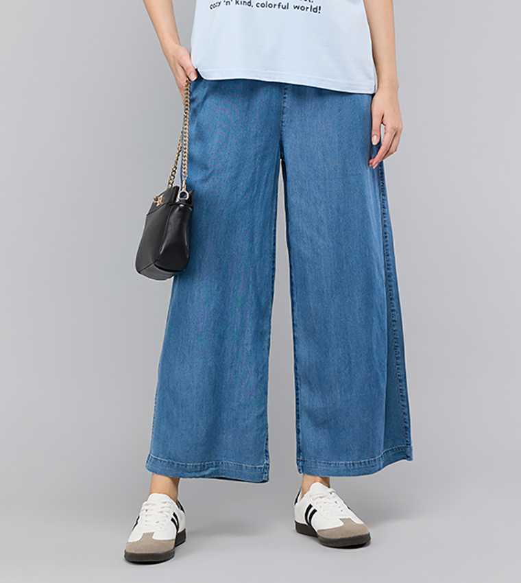 Washed Wide Leg Denim Pants with Elastic Waist
