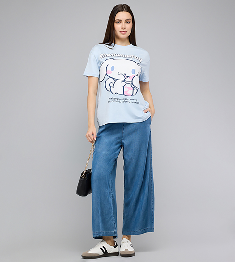 Washed Wide Leg Denim Pants with Elastic Waist