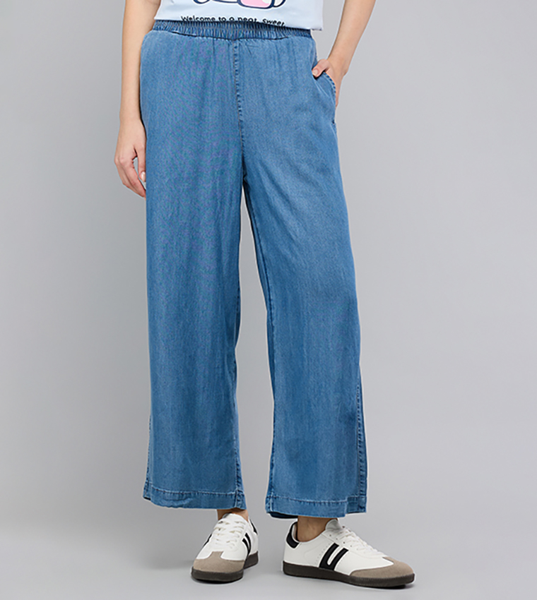 Washed Wide Leg Denim Pants with Elastic Waist