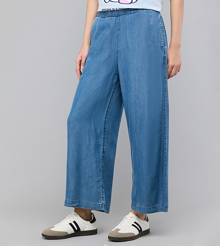 Washed Wide Leg Denim Pants with Elastic Waist