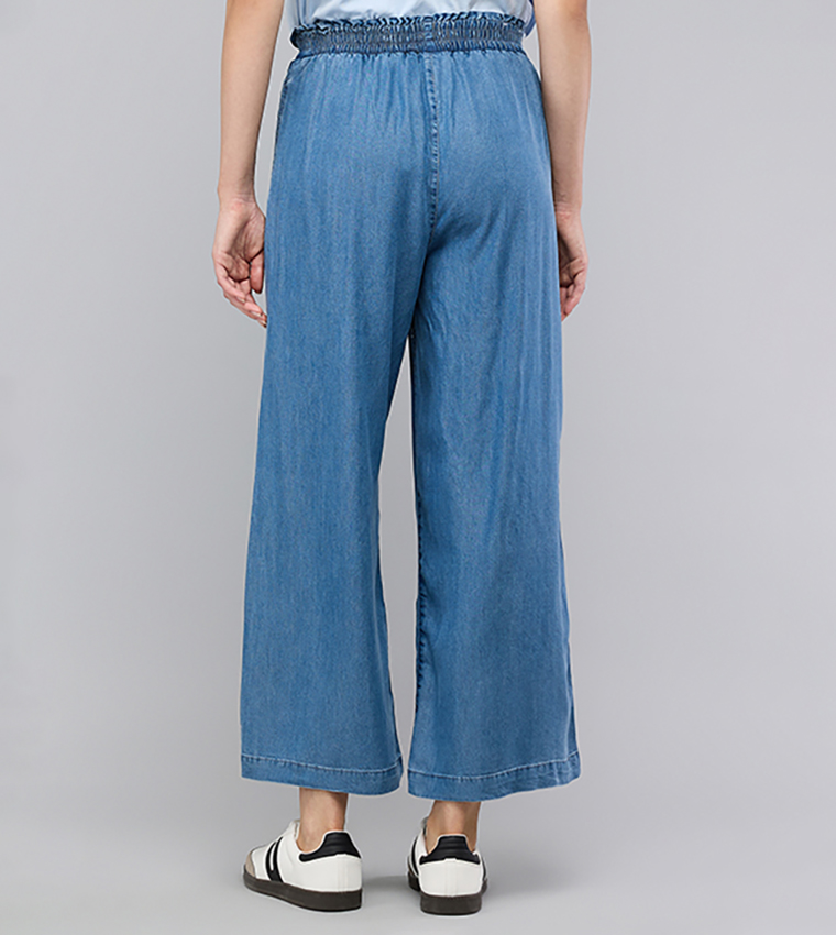 Washed Wide Leg Denim Pants with Elastic Waist