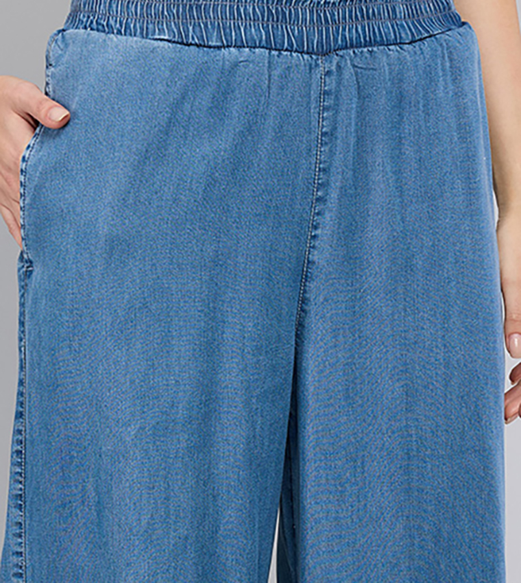 Washed Wide Leg Denim Pants with Elastic Waist