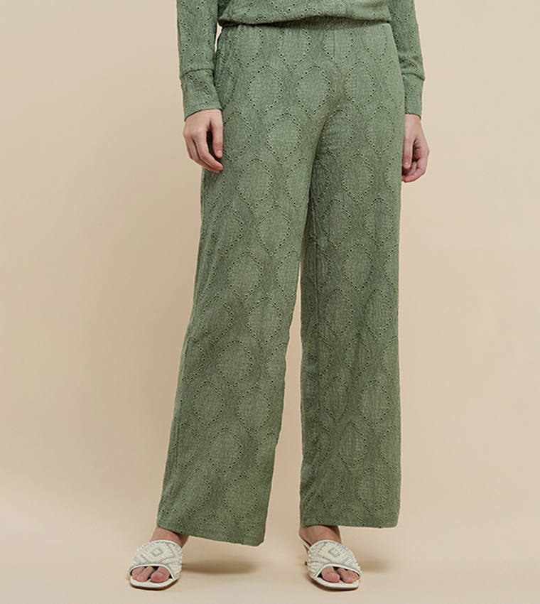 Schiffli Wide Leg Pants with Elastic Waist