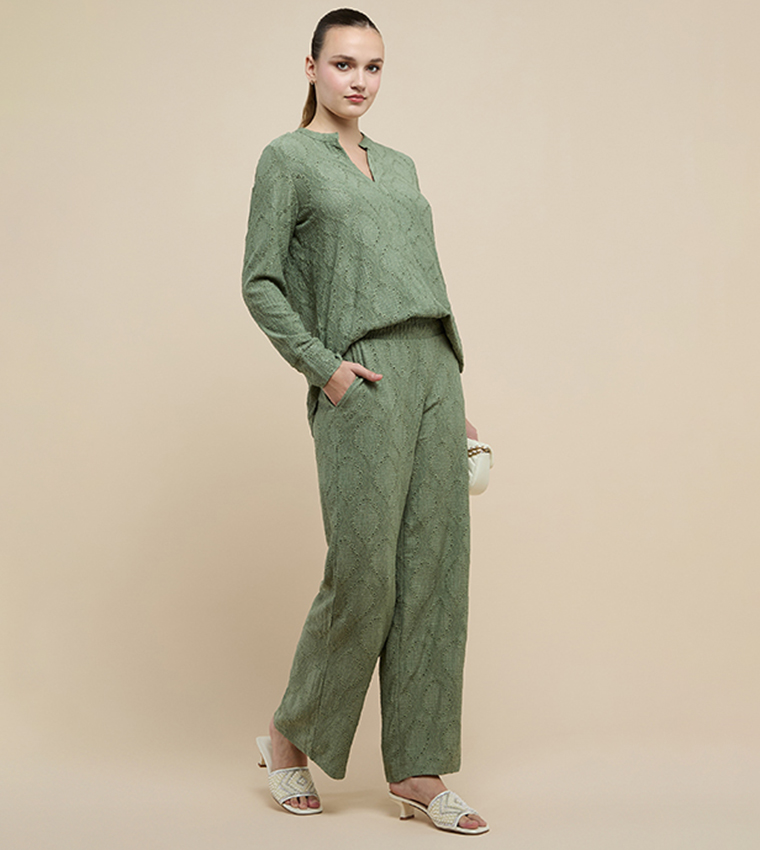 Schiffli Wide Leg Pants with Elastic Waist