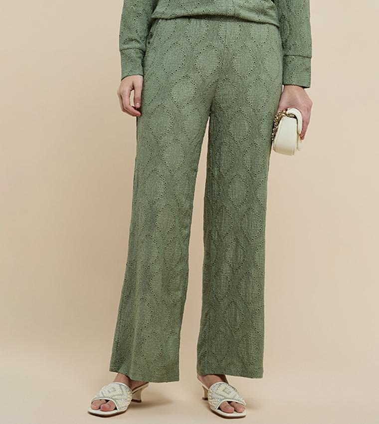 Schiffli Wide Leg Pants with Elastic Waist