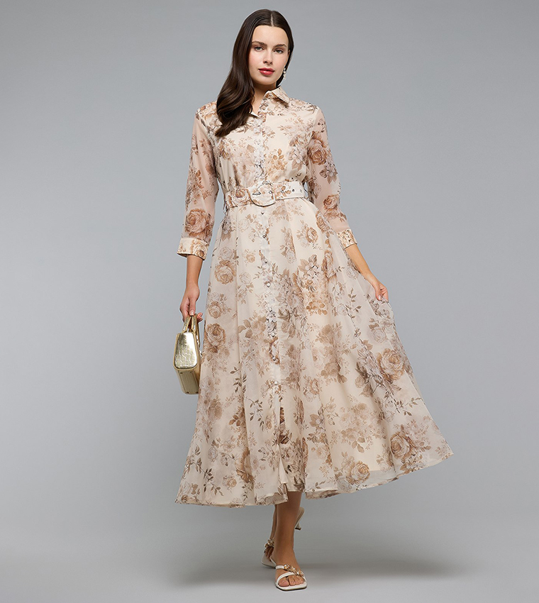 Patterned Shirt Dress with Classic Collar and 3/4 Sleeves