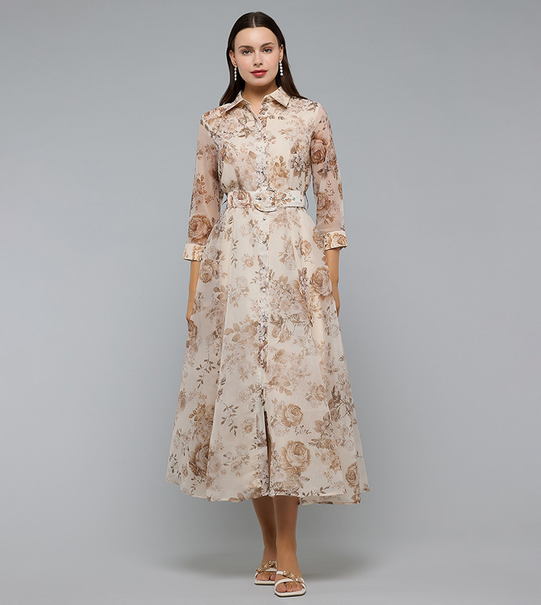 Patterned Shirt Dress with Classic Collar and 3/4 Sleeves