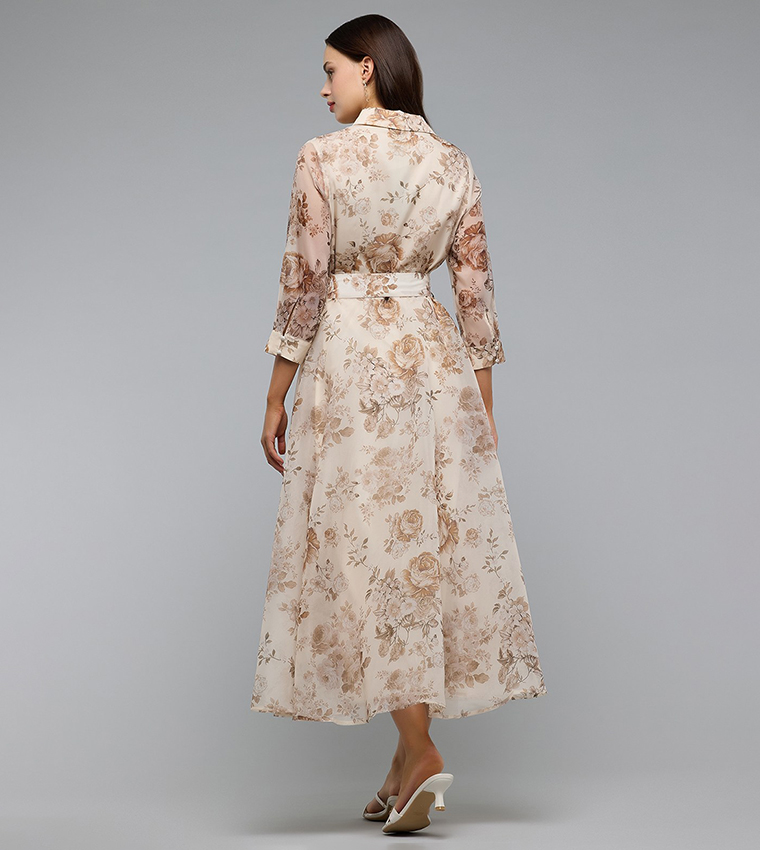 Patterned Shirt Dress with Classic Collar and 3/4 Sleeves