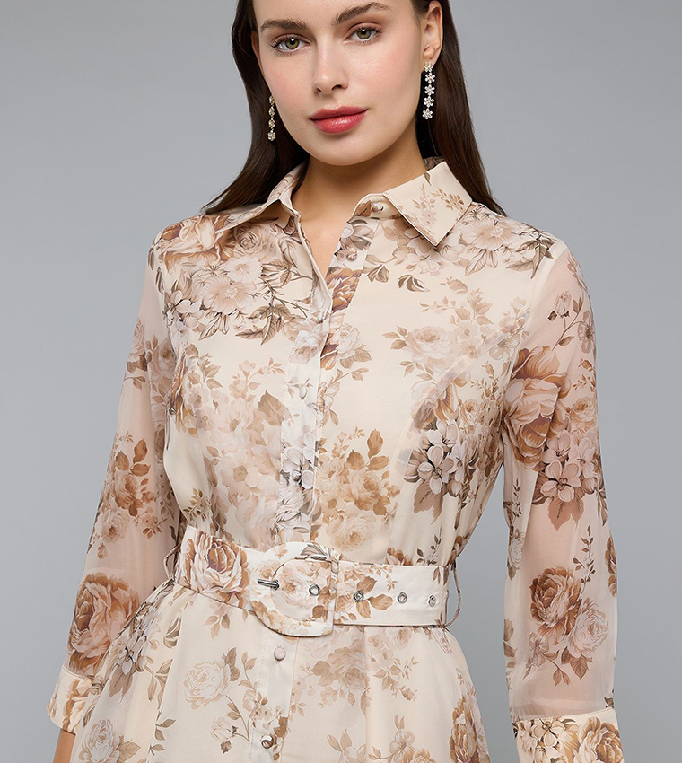 Patterned Shirt Dress with Classic Collar and 3/4 Sleeves