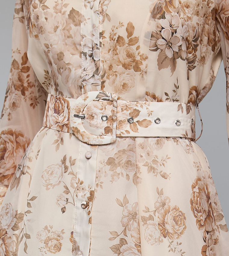 Patterned Shirt Dress with Classic Collar and 3/4 Sleeves