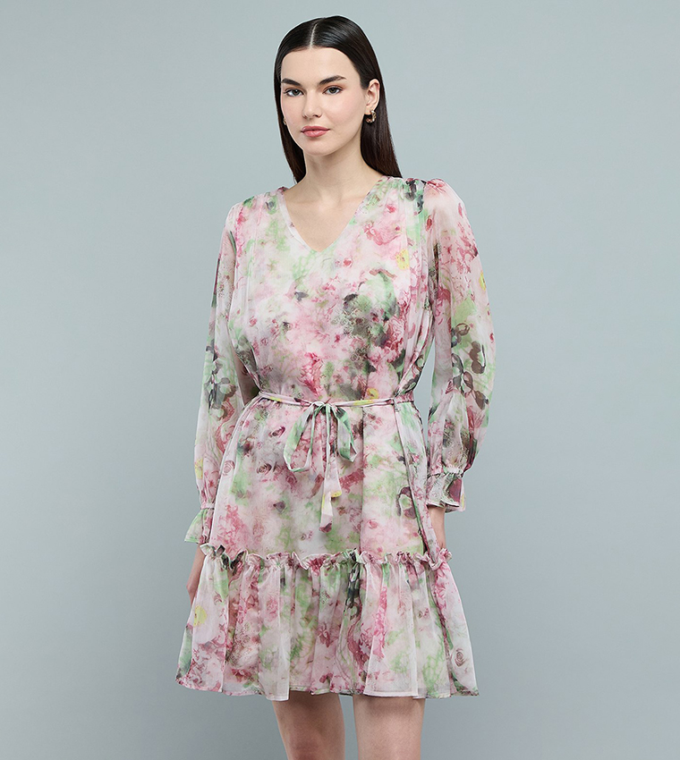 Floral Patterned Mini Dress with V-Neck and Long Sleeves