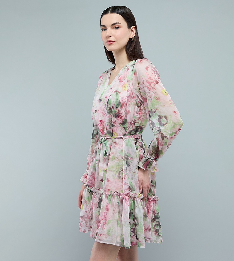 Floral Patterned Mini Dress with V-Neck and Long Sleeves