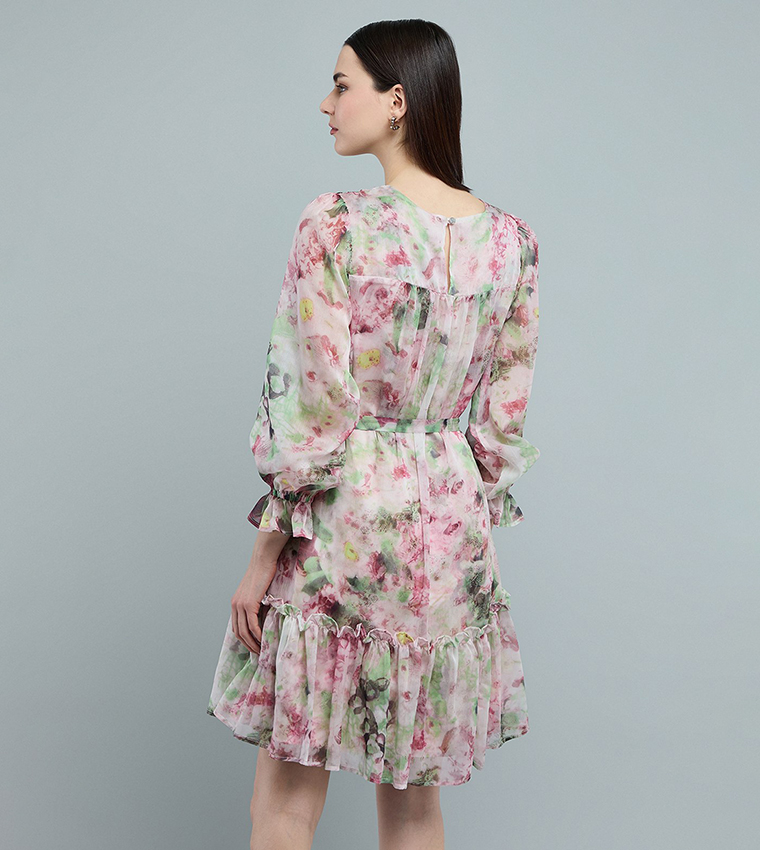 Floral Patterned Mini Dress with V-Neck and Long Sleeves