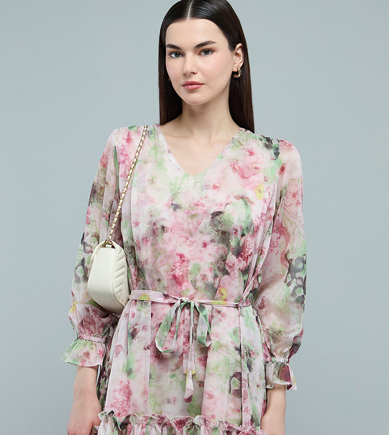 Floral Patterned Mini Dress with V-Neck and Long Sleeves