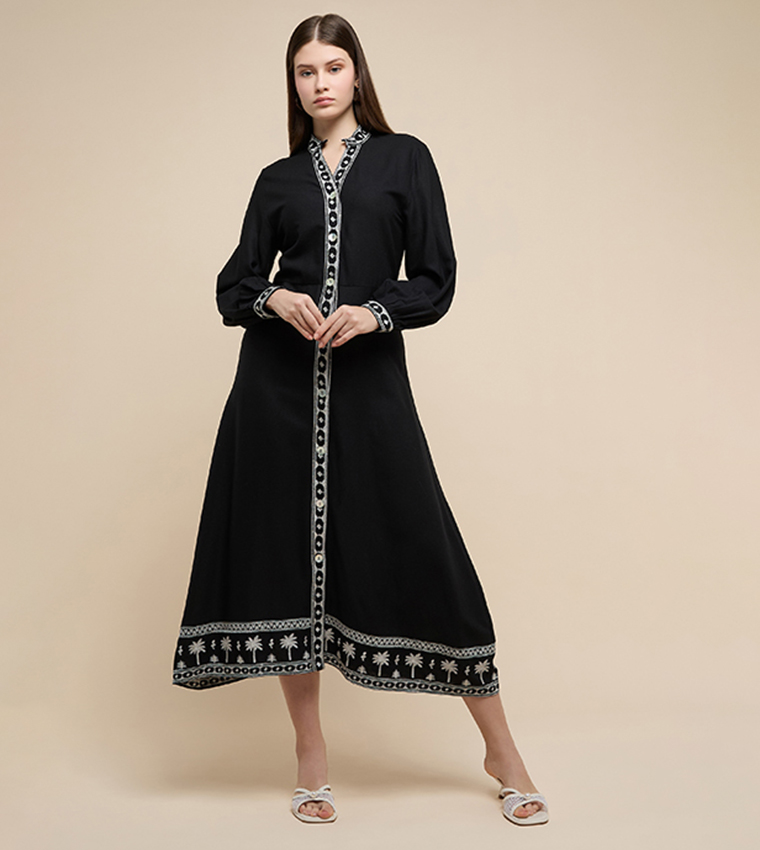 Embroidered Midi Dress with Mandarin Collar and Long Sleeves