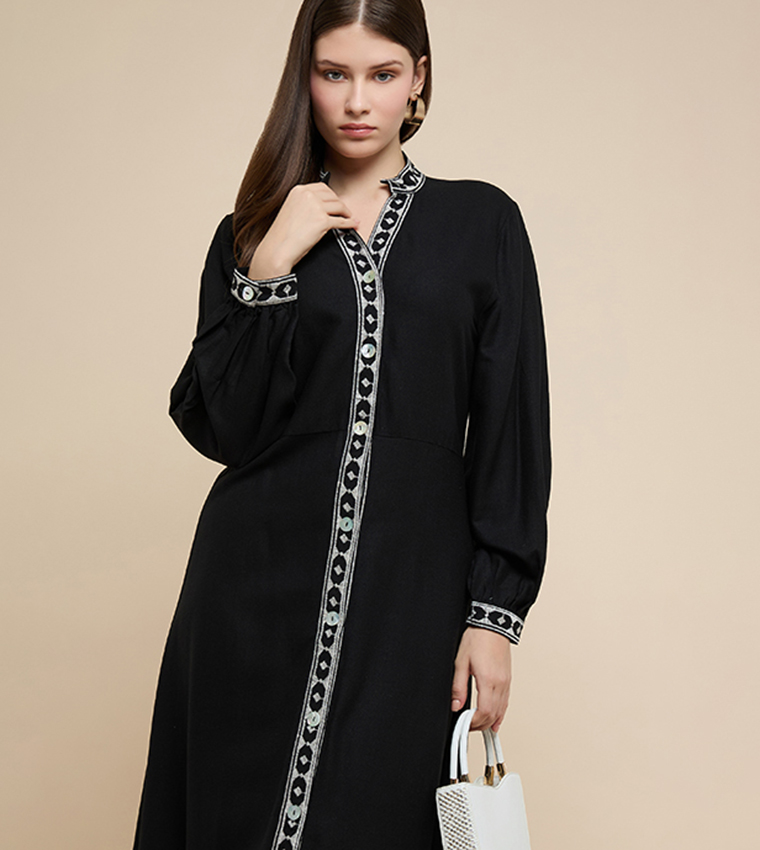 Embroidered Midi Dress with Mandarin Collar and Long Sleeves