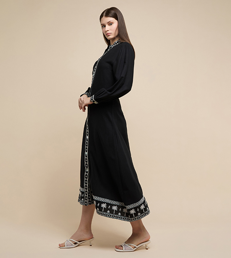 Embroidered Midi Dress with Mandarin Collar and Long Sleeves