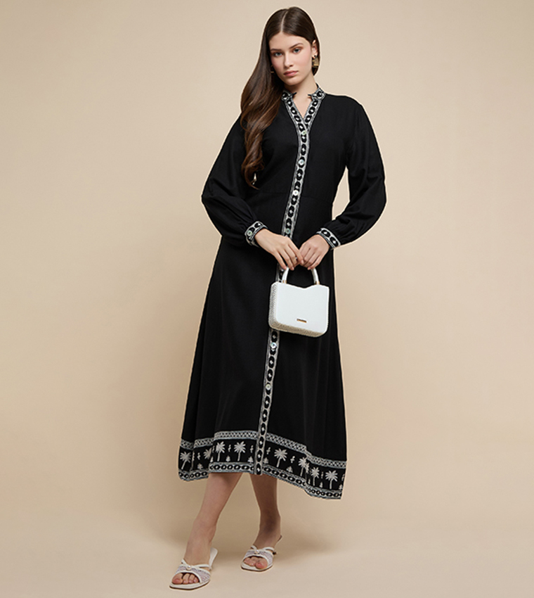 Embroidered Midi Dress with Mandarin Collar and Long Sleeves