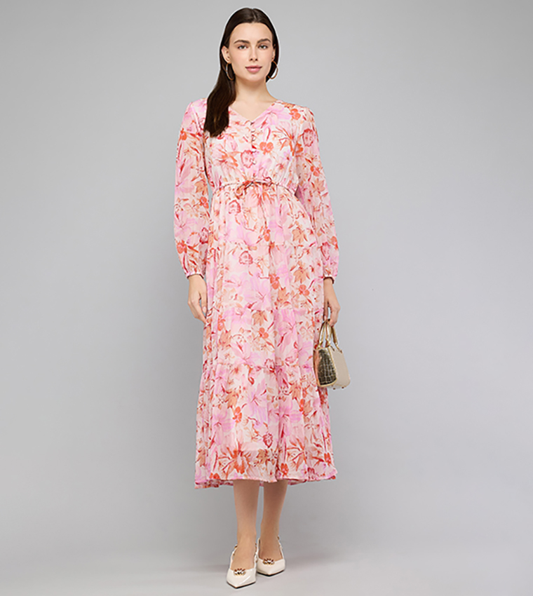 Floral Print Midi Dress with V-Neck and Puff Sleeves