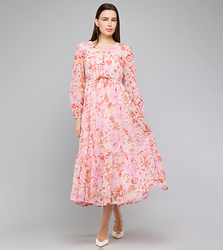 Floral Print Midi Dress with V-Neck and Puff Sleeves