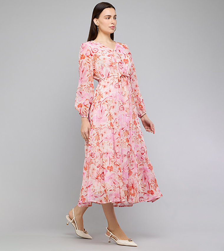 Floral Print Midi Dress with V-Neck and Puff Sleeves