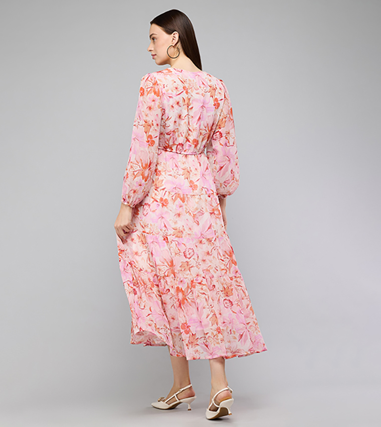 Floral Print Midi Dress with V-Neck and Puff Sleeves