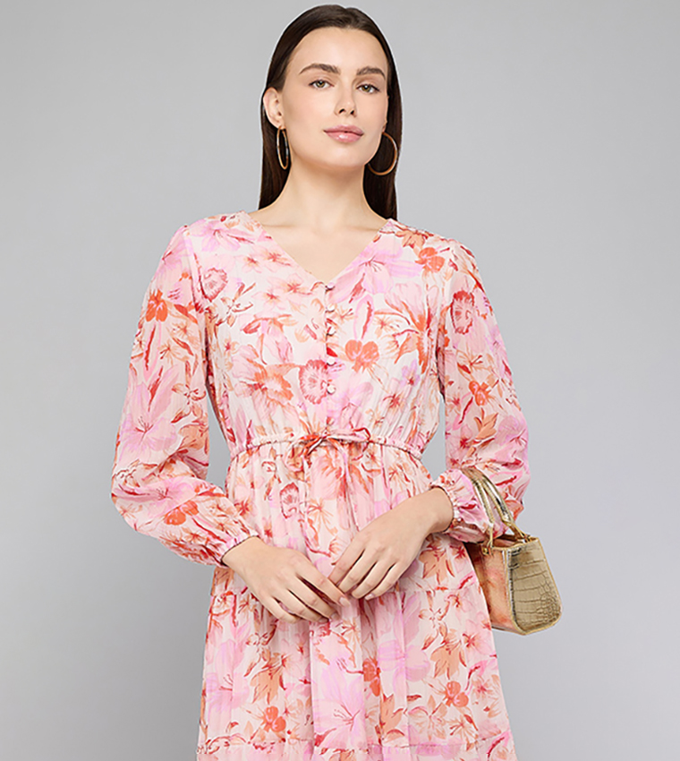 Floral Print Midi Dress with V-Neck and Puff Sleeves