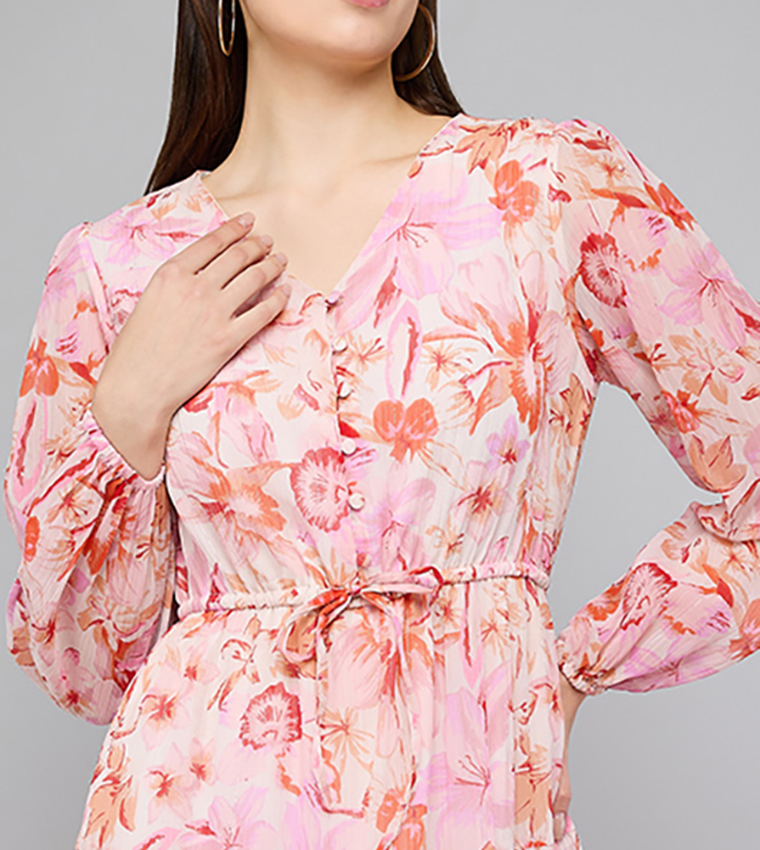 Floral Print Midi Dress with V-Neck and Puff Sleeves