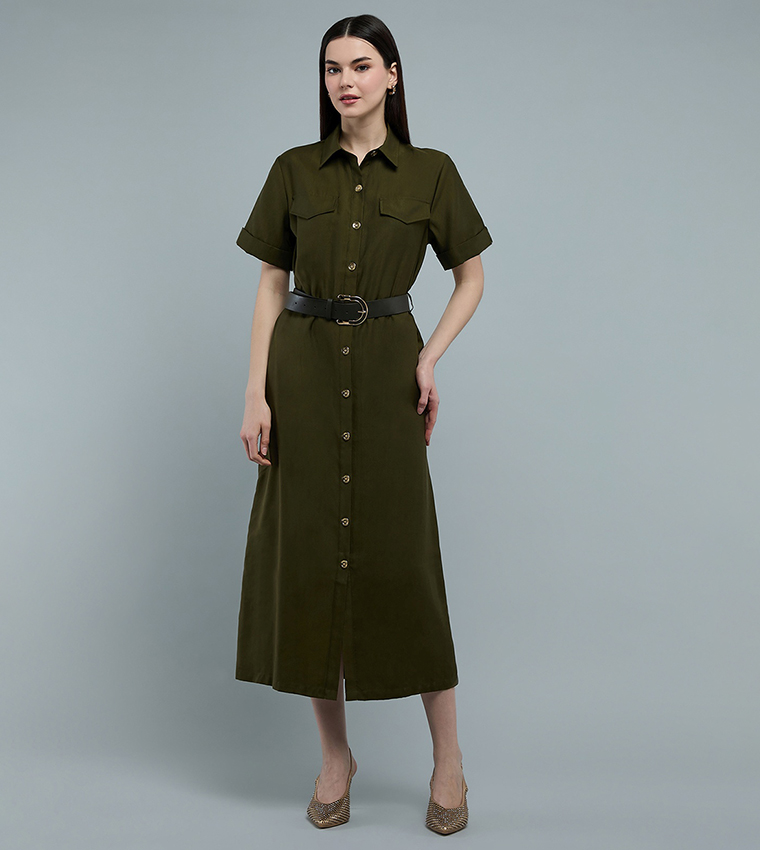 Solid Shirt Dress with Classic Collar and Short Sleeves