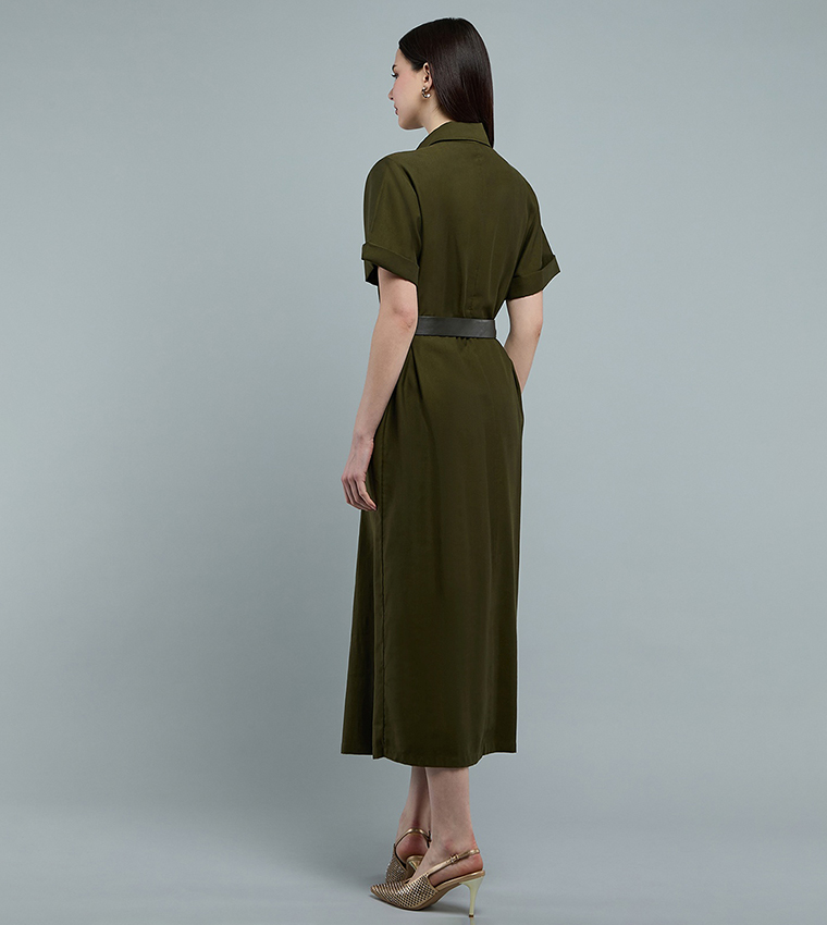 Solid Shirt Dress with Classic Collar and Short Sleeves