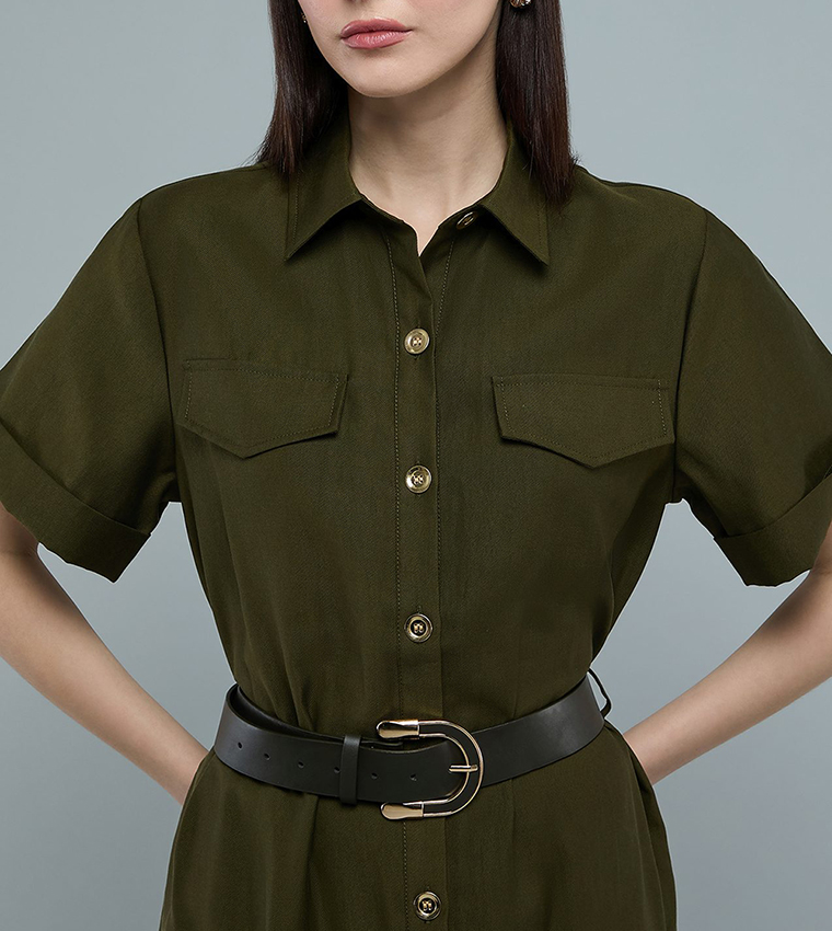 Solid Shirt Dress with Classic Collar and Short Sleeves