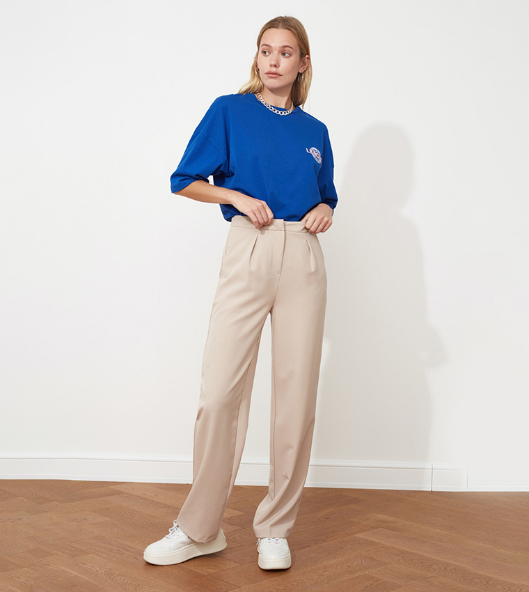 Buy Trendyol Straight Cut Pleated Trousers In Beige