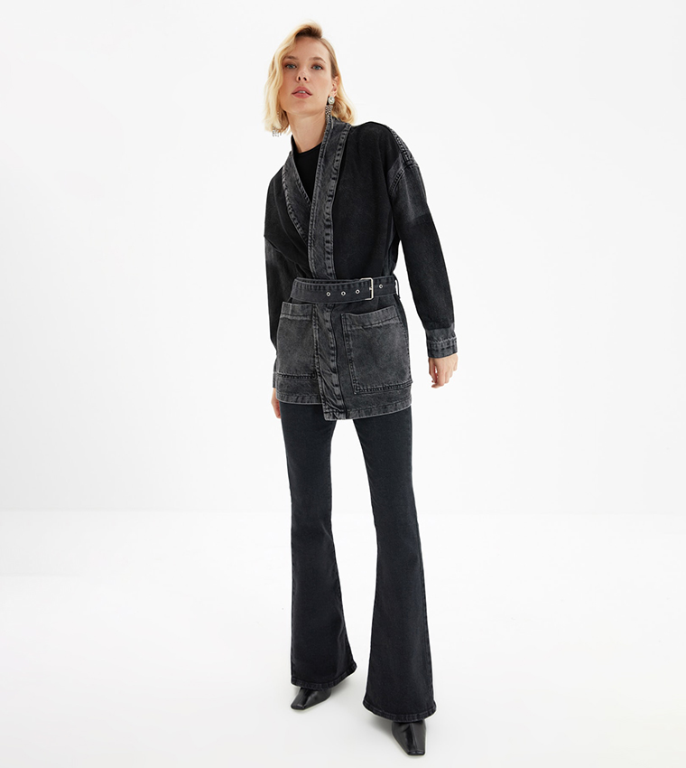 Belted Colorblocked Oversize Denim Jacket