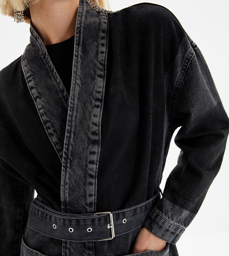 Belted Colorblocked Oversize Denim Jacket